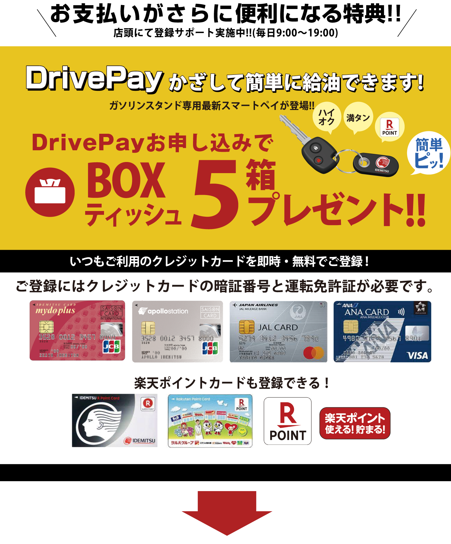 お支払がさらに便利になる特典 DrivePayかざして簡単に給油できます! DrivePayお申し込みでボックスティッシュ5箱プレゼント 12.10までは10箱プレゼント